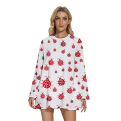 Beetle Animals Red Green Fly Round Neck Long Sleeve Bohemian Style Chiffon Mini Dress