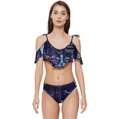 Black Building Lighted Under Clear Sky Ruffle Edge Tie Up Bikini Set	 by Modalart