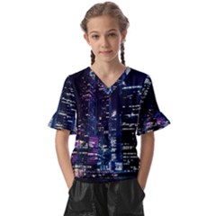 Black Building Lighted Under Clear Sky Kids  V-neck Horn Sleeve Blouse by Modalart