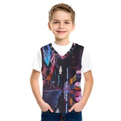 Roadway Surrounded Building During Nighttime Kids  Basketball Tank Top by Modalart