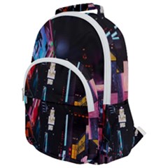 Roadway Surrounded Building During Nighttime Rounded Multi Pocket Backpack by Modalart