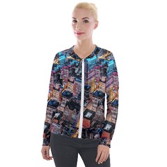 Aerial Photo Of Cityscape At Night Velvet Zip Up Jacket