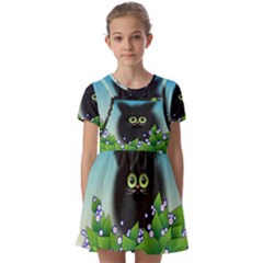 Kitten Black Furry Illustration Kids  Short Sleeve Pinafore Style Dress