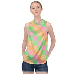 Checkerboard Pastel Squares High Neck Satin Top by Grandong