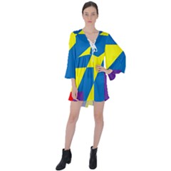 Colorful Red Yellow Blue Purple V-neck Flare Sleeve Mini Dress by Grandong