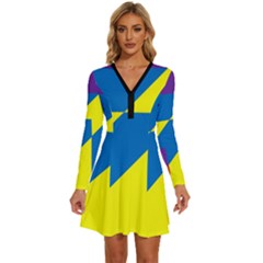 Colorful Red Yellow Blue Purple Long Sleeve Deep V Mini Dress  by Grandong