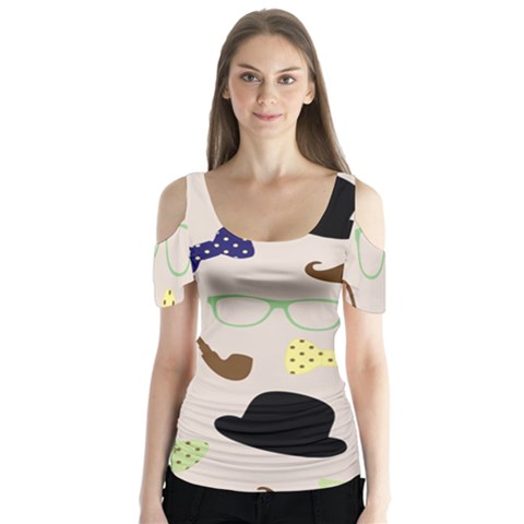 Moustache Hat Bowler Bowler Hat Butterfly Sleeve Cutout T-shirt  by Apen