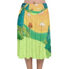 Green Field Illustration Adventure Time Multi Colored Velvet Flared Midi Skirt