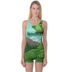 Adventure Time Cartoon Green Color Nature  Sky One Piece Boyleg Swimsuit