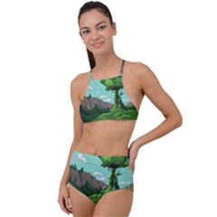 Adventure Time Cartoon Green Color Nature  Sky Halter Tankini Set by Sarkoni