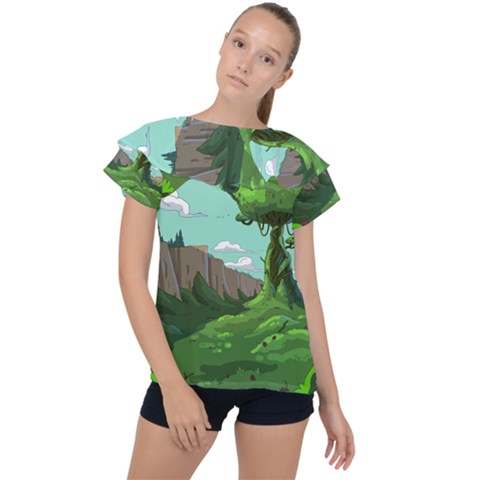 Adventure Time Cartoon Green Color Nature  Sky Ruffle Collar Chiffon Blouse by Sarkoni