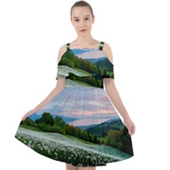 Field Of White Petaled Flowers Nature Landscape Cut Out Shoulders Chiffon Dress