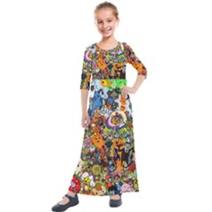 Cartoon Characters Tv Show  Adventure Time Multi Colored Kids  Quarter Sleeve Maxi Dress by Sarkoni