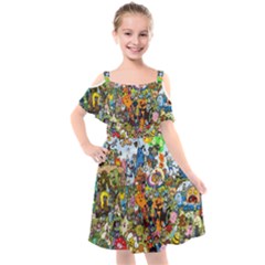 Cartoon Characters Tv Show  Adventure Time Multi Colored Kids  Cut Out Shoulders Chiffon Dress by Sarkoni