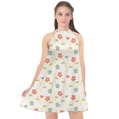 Floral Pattern Wallpaper Retro Halter Neckline Chiffon Dress 