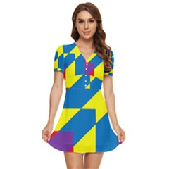 Colorful Red Yellow Blue Purple V-neck High Waist Chiffon Mini Dress by Grandong