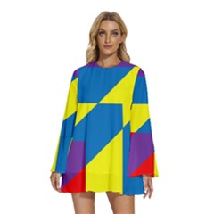 Colorful Red Yellow Blue Purple Round Neck Long Sleeve Bohemian Style Chiffon Mini Dress by Grandong