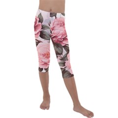 Rose Flower Seamless Kids  Lightweight Velour Capri Leggings 