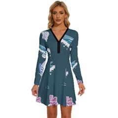 Butterfly Pattern Dead Death Rose Long Sleeve Deep V Mini Dress  by Ravend