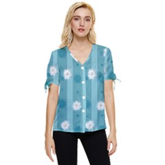 Gardenia Flowers White Blue Bow Sleeve Button Up Top by Ravend