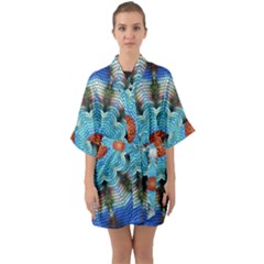 Pattern Blue Brown Background- Half Sleeve Satin Kimono 