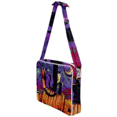 Halloween Art Starry Night Hallows Eve Black Cat Pumpkin Cross Body Office Bag by Modalart