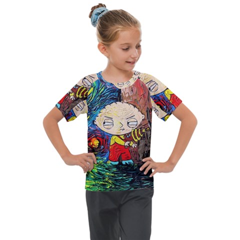 Cartoon Starry Night Vincent Van Gogh Kids  Mesh Piece T-shirt by Modalart