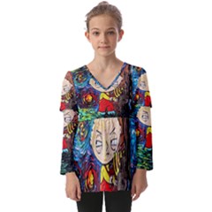 Cartoon Starry Night Vincent Van Gogh Kids  V Neck Casual Top by Modalart