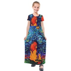 Lion Art Starry Night Van Gogh Kids  Short Sleeve Maxi Dress by Modalart