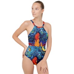 Lion Art Starry Night Van Gogh High Neck One Piece Swimsuit by Modalart