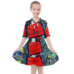 Dog Flying House Cartoon Starry Night Vincent Van Gogh Parody Kids  All Frills Chiffon Dress by Modalart