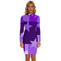 Purple Stars Pattern Shape Long Sleeve Shirt Collar Bodycon Dress