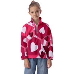 Pink Hearts Pattern Love Shape Kids  Half Zip Hoodie by Pakjumat