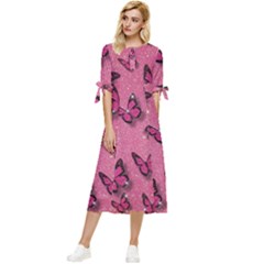 Pink Glitter Butterfly Bow Sleeve Chiffon Midi Dress