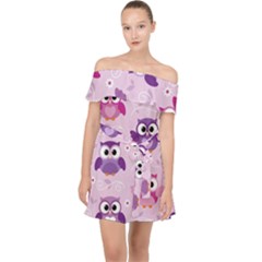 Seamless Cute Colourfull Owl Kids Pattern Off Shoulder Chiffon Dress by Bedest