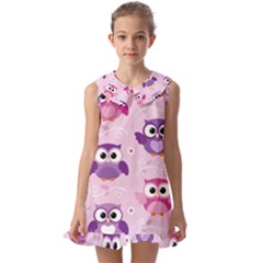 Seamless Cute Colourfull Owl Kids Pattern Kids  Pilgrim Collar Ruffle Hem Dress by Bedest