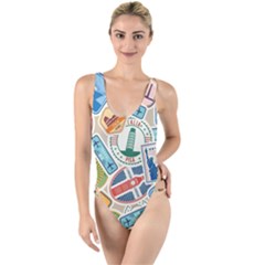 Travel Pattern Immigration Stamps Stickers With Historical Cultural Objects Travelling Visa Immigran High Leg Strappy Swimsuit by Bedest