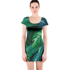 Tropical Green Leaves Background Short Sleeve Bodycon Dress