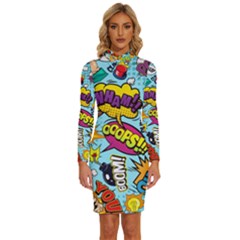 Comic Elements Colorful Seamless Pattern Long Sleeve Shirt Collar Bodycon Dress