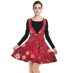 Four Red Butterflies With Flower Illustration Butterfly Flowers Plunge Pinafore Dress by Pakjumat