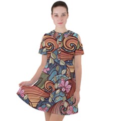 Multicolored Flower Decor Flowers Patterns Leaves Colorful Short Sleeve Shoulder Cut Out Dress 