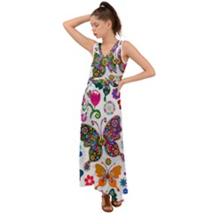 Butterflies Abstract Colorful Floral Flowers Vector V-neck Chiffon Maxi Dress by Pakjumat