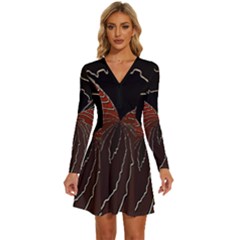 Red Gold Black Voracious Plant Leaf Long Sleeve Deep V Mini Dress  by Pakjumat