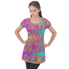 Geometric Abstract Colorful Puff Sleeve Tunic Top by Pakjumat