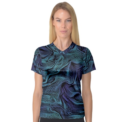 Abstract Blue Wave Texture Patten V-neck Sport Mesh T-shirt by Pakjumat