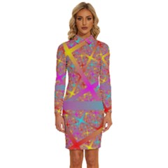 Geometric Abstract Colorful Long Sleeve Shirt Collar Bodycon Dress