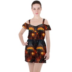 Dragon Fire Fantasy Art Ruffle Cut Out Chiffon Playsuit