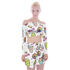 Doodle Cartoon Drawn Cone Food Off Shoulder Top With Mini Skirt Set by Hannah976