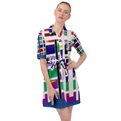 Color Graffiti Pattern Geometric Belted Shirt Dress