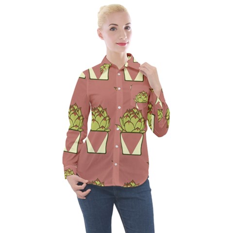 Cactus Pattern Background Texture Women s Long Sleeve Pocket Shirt by Hannah976